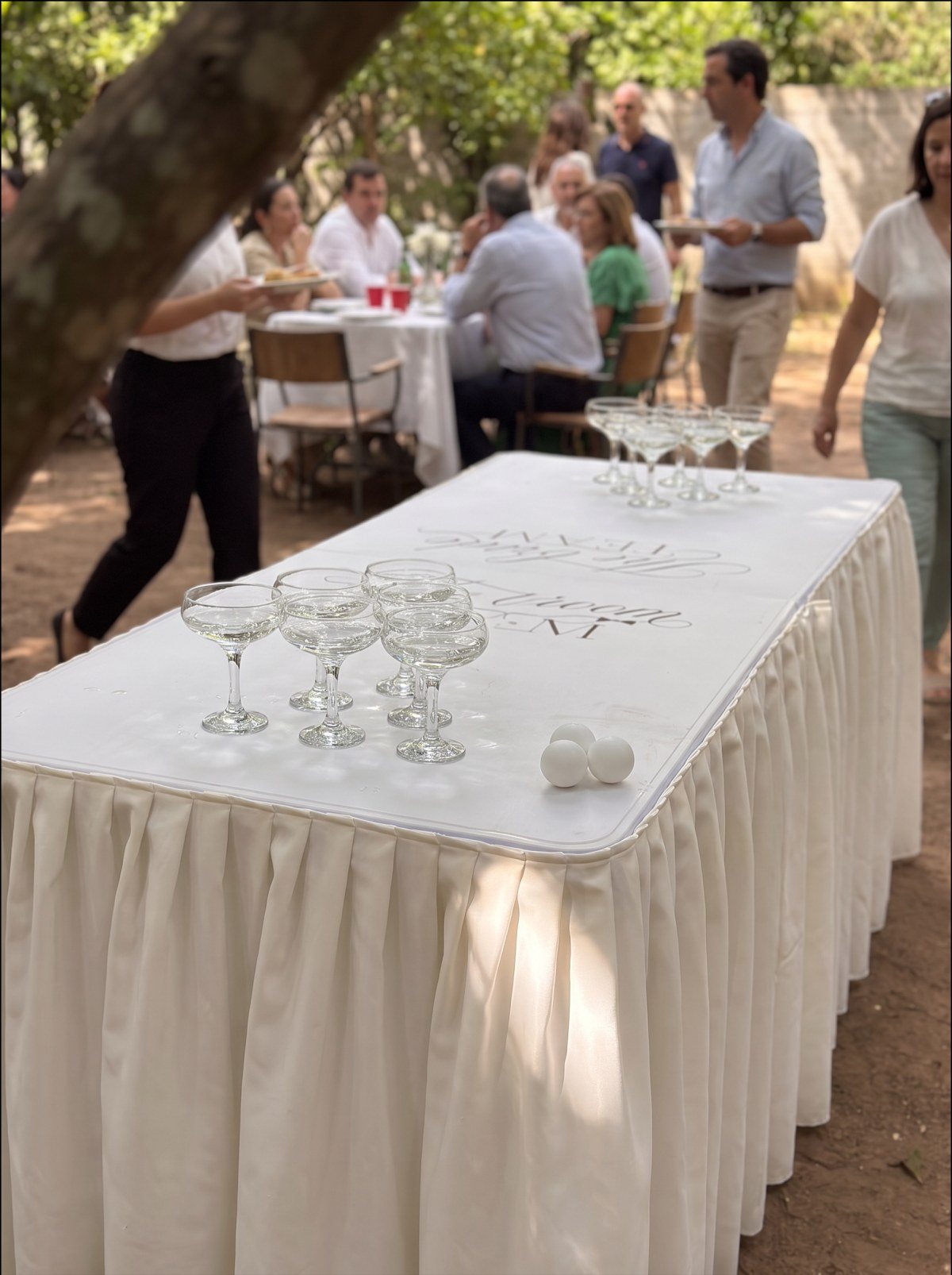 Mesa de beer pong com taças de champanhe num jardim, com convidados ao fundo